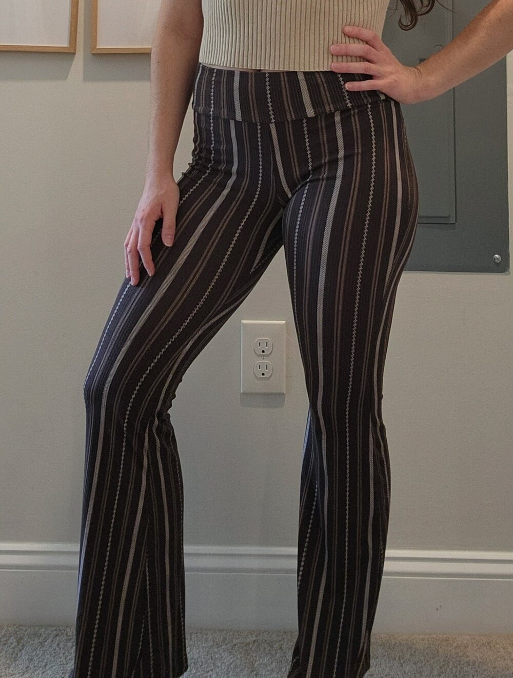 No Boundaries Ribbed Brown Flare Leggings with White/Tan Vertical Stripes